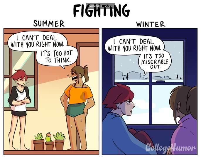 5張「情侶關係在夏天VS冬天」差異對比圖，第二張圖任何人都會有共鳴！
