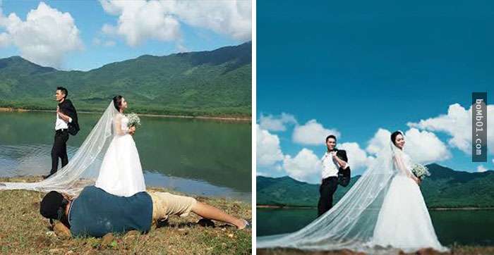 大家從這個角度看都覺得婚紗照很浪漫，但一看到左邊攝影師的「超猛姿勢」以後就算開價十萬也要給了！