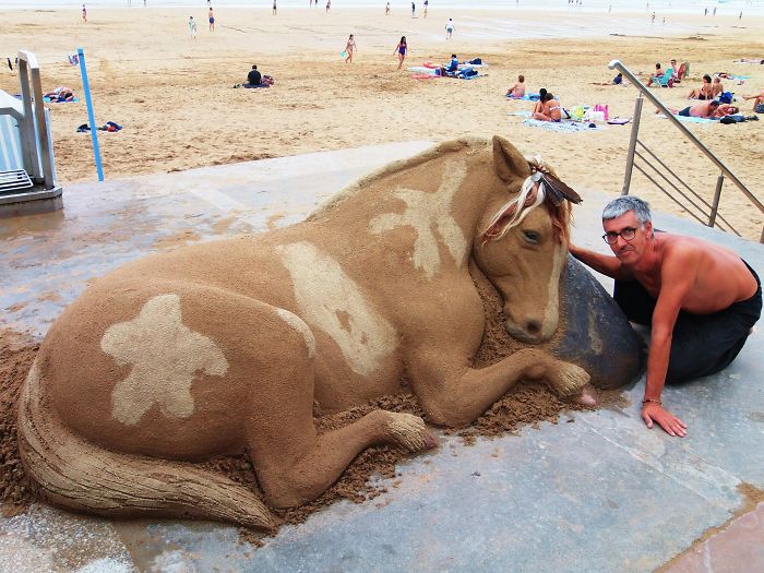 海灘怎麼有牛？　大水牛溫馴趴岸邊　遊客近看嚇一跳：是沙子做的！