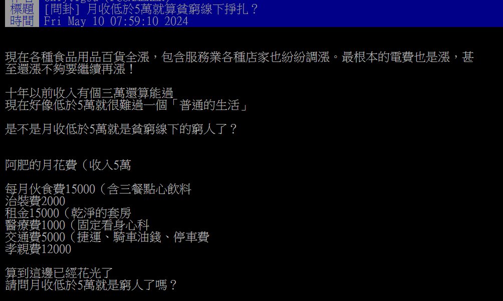 薪水追不上物價！北漂族列支出「月收5萬不夠」　嘆：貧窮線下掙扎