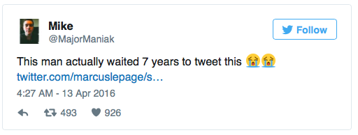 他2009年在推特帳號寫下「去睡了」的推文後就消失，直到7年後…他的更新讓5萬多人都笑著按分享！