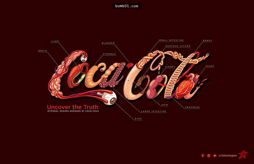 看起來只是滿足視覺效果的「驚悚版」可口可樂標誌，在聽完設計師的解說後我打死也不喝一口了！