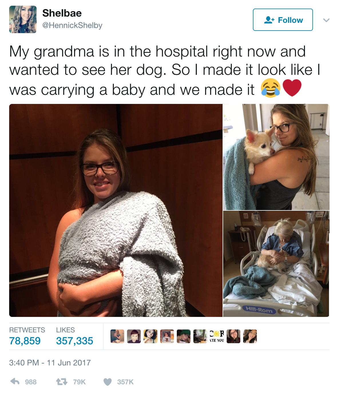 重病的奶奶在醫院非常思念家中狗狗，於是她決定「把狗狗變成嬰兒」帶進醫院裡…上萬網友淚崩！