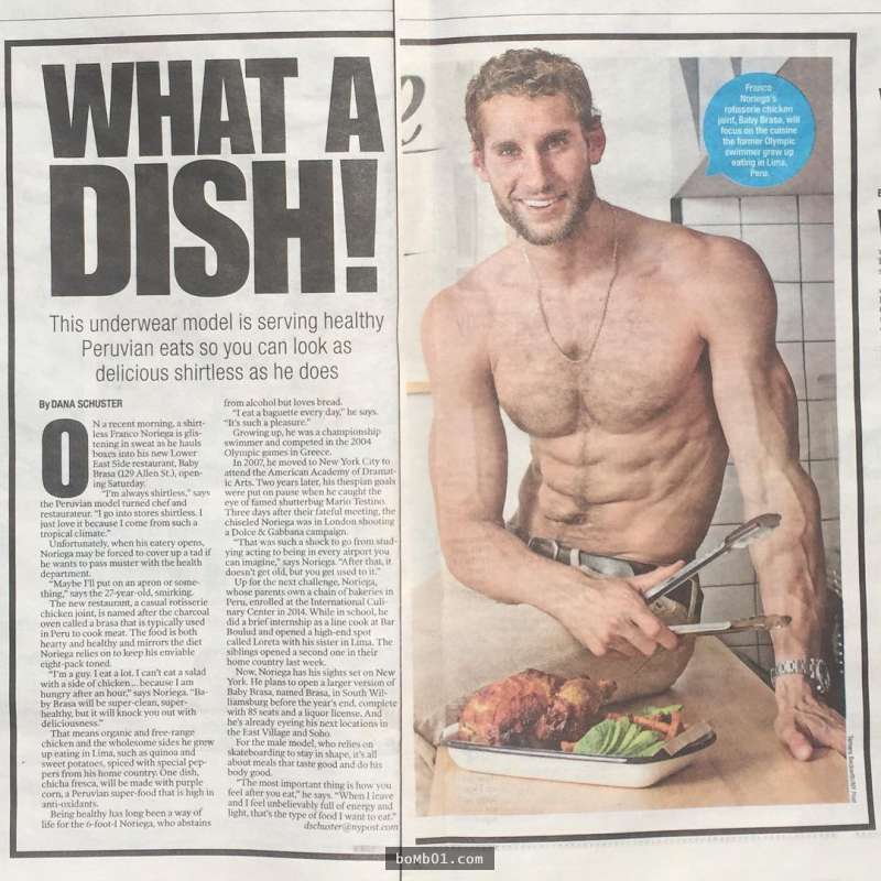 他身為帥氣男模卻轉行當起廚師煮菜，當大家看到他「裸上身做料理時露出的八塊腹肌」都瞬間覺得自己餓了啊！