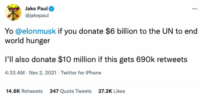 喊話馬斯克！拳擊網紅屁孩「逼他捐錢」　放話：你捐60億，我也捐1000萬！