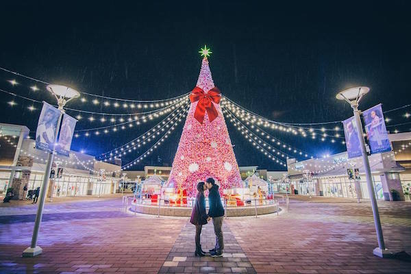 美哭了！　全台最大美式購物村進駐「15米桃色聖誕樹」　整點時「大噴雪」製造浪漫雪景