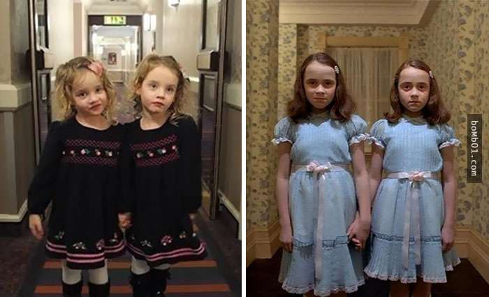 這個爸爸模仿經典恐怖片把雙胞胎女兒叫到飯店走廊，當她們一開口房客們都被嚇屎！