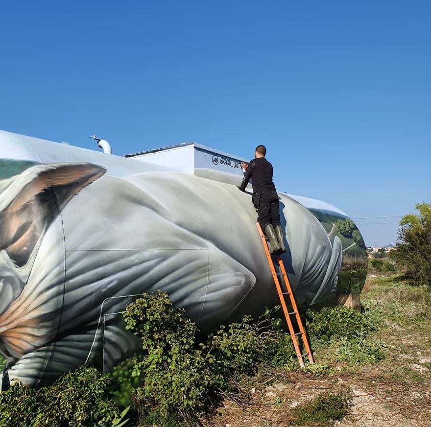藝術家神畫技讓「油罐箱變透明」　草皮出現「巨大無毛貓」網驚嘆：看不出原形了