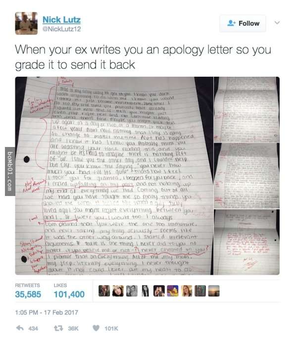 他收到「前女友寫的超長一封道歉信」沒有感動，反而拿出紅筆這樣公開整她…
