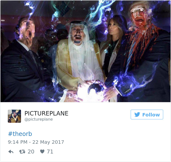 川普和沙國國王一起「摸球」的照片被PS大神玩壞了，嚴肅場合瞬間秒變成邪教儀式！