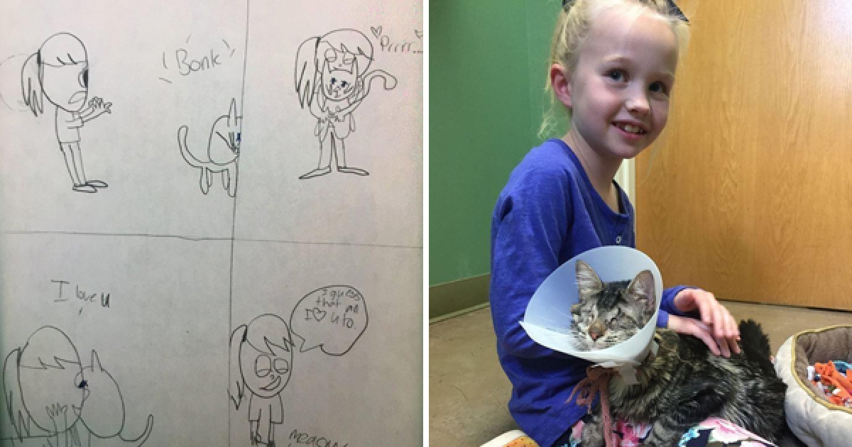 這位8歲女孩看到「眼珠被挖掉的盲貓」就決定要領養牠，她畫下這幅動人插畫讓爸媽秒同意！