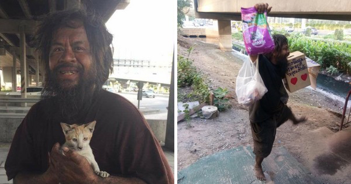 泰國街友把賺到的錢「全都拿來照顧浪貓」，當他終於又買到飼料時的反應把大家都感動慘！