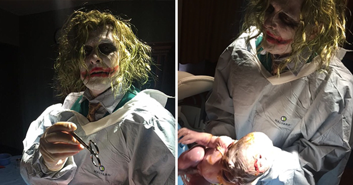 一出生就被嚇呆！超愛鬧的醫生在萬聖節裝扮成「小丑」接生，產婦和老公都嗨翻了！