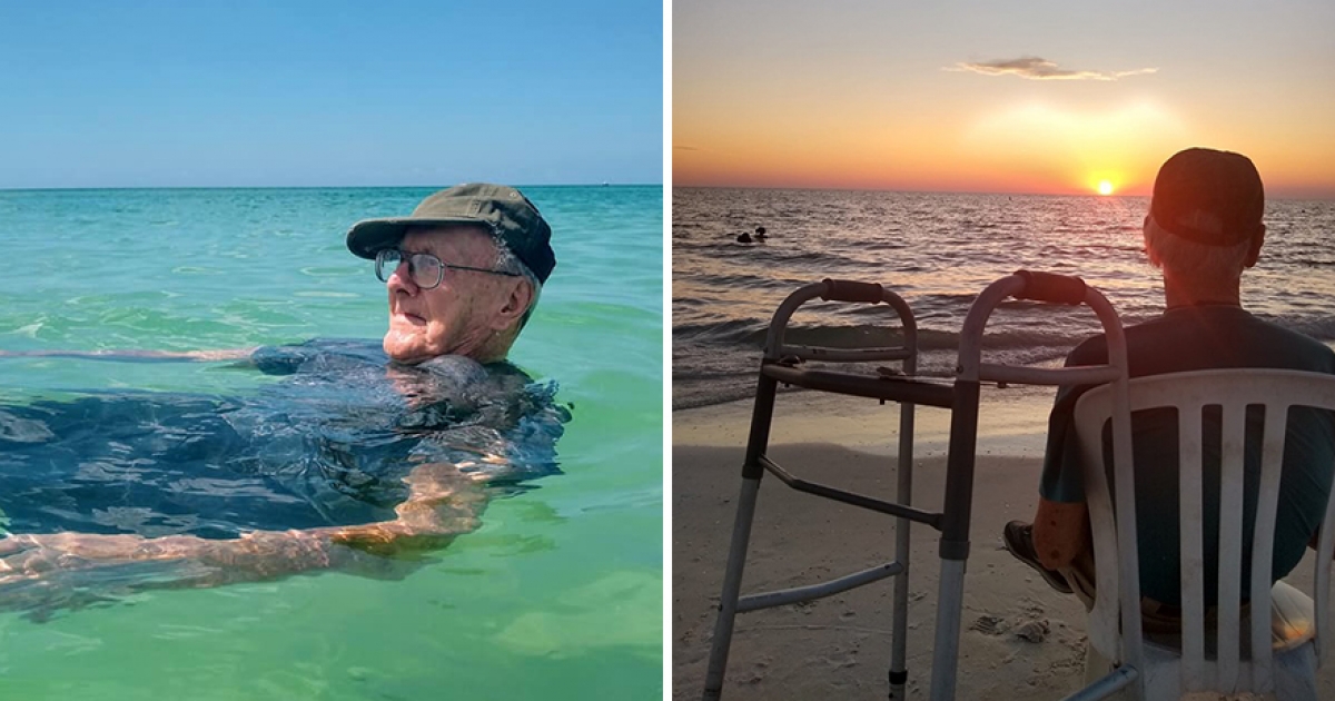 活到93歲才第一次去海邊　阿公興奮玩水慶生「看夕陽背影」讓人超感動
